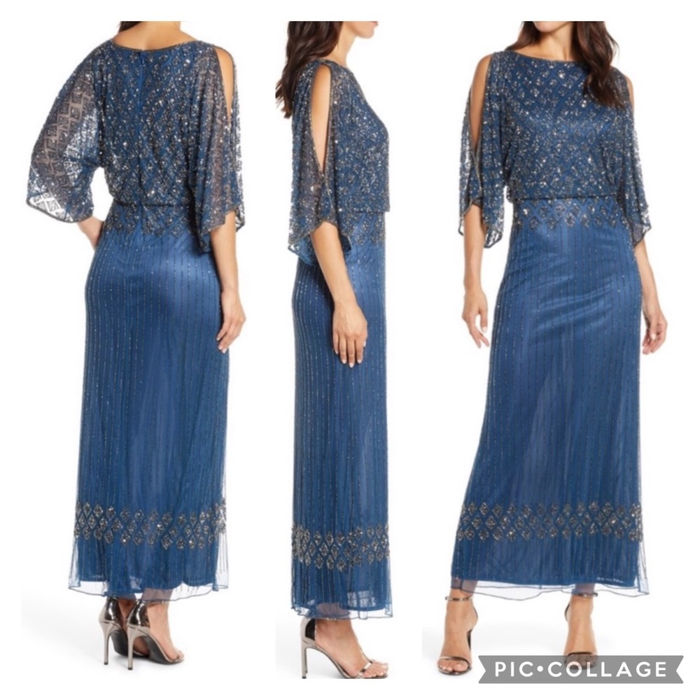 Pisarro nights beaded bat wing 3/4 sleeves blouson formal long dress